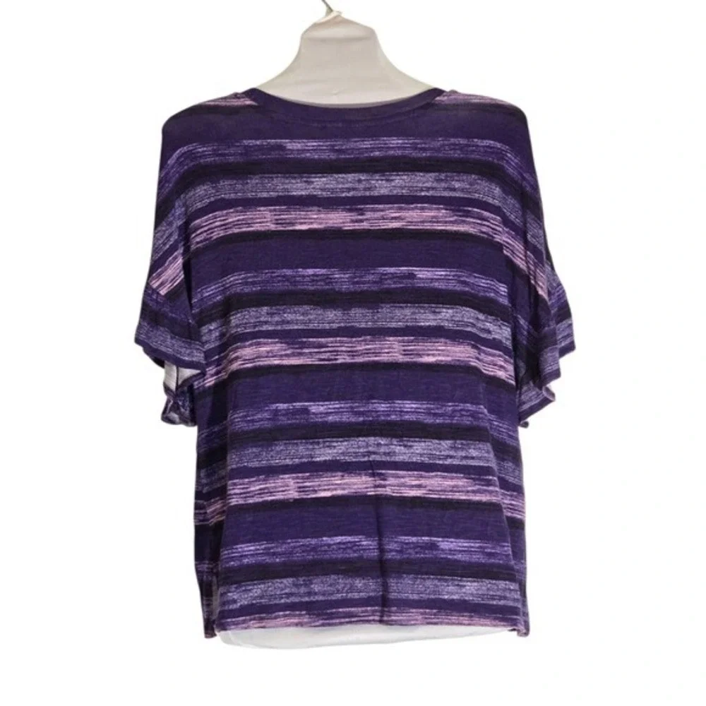 Womens Purple Black Striped Space Dye Short Sleeve Crew Neck‎ Relaxed Knit Top